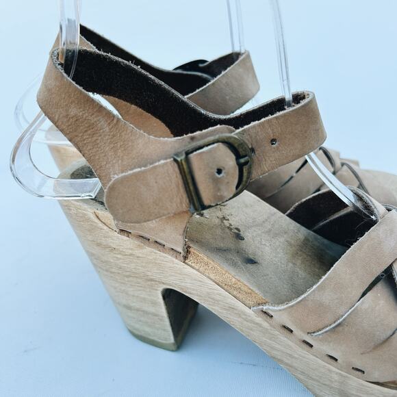 No. 6 Woven Leather Wooden Clogs Heels Sandal Beige 7 Tan Natural 37 Ankle Strap - Picture 12 of 14